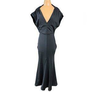 Donna Karan Signature, Vintage, Deep V Neck Rushed Shoulder, Maxi Gown